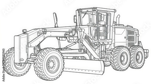 Mining Road Grader Line Art Illustration, Heavy Equipment for Construction, Earthwork and Road Maintenance