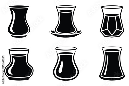 Turkish Tea Glass Icon Set Black Silhouette Vector Traditional Drink Symbol