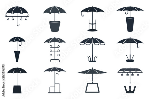 Umbrella stand icons set Collection of parasol storage racks and hallway furniture symbols