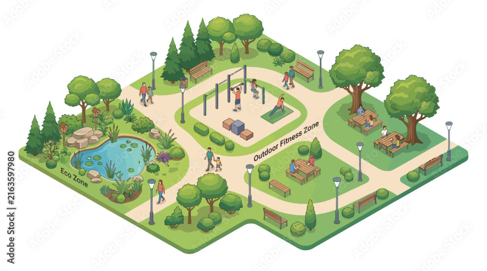 Fototapeta premium illustration of a lively park with outdoor fitness zone and scenic pond surrounded by benches and lush trees capturing urban