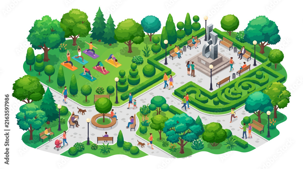 Fototapeta premium vivid illustration of a bustling outdoor park with diverse visitors enjoying activities amidst lush greenery and a prominent