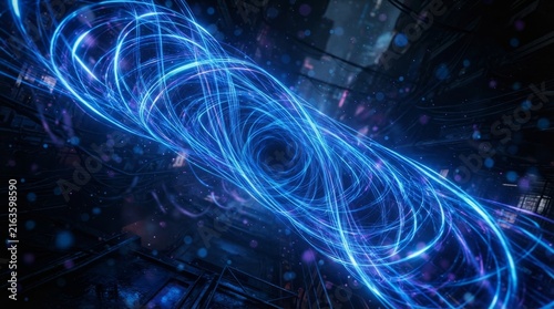 Abstract Digital Tunnel With Glowing Blue Light Trails And Particle Effects In Dark Cyber Space