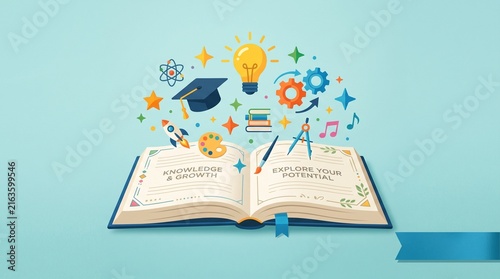 Open Educational Book with Knowledge and Growth Concept Illustration Showing Light Bulb Graduation Cap and Learning Icons on Turquoise Background