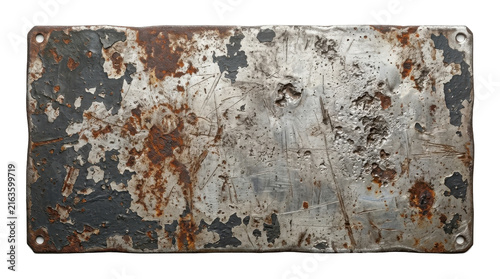 Weathered rectangular metal plate featuring heavy rust corrosion dark paint peeling isolated white background texture