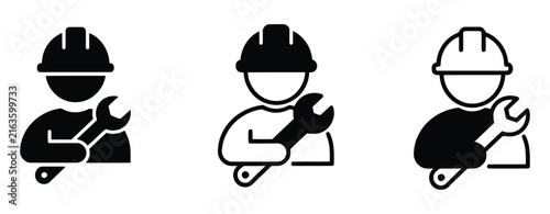 Worker with wrench icon. Mechanic with wrench tool illustration line art and filled silhouette on transparent background engineer repairman.