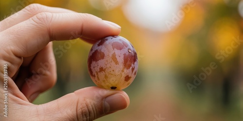 A single fresh red grape held delicately between fingers in a vineyard, representing healthy eating, organic farming, and autumn harvest concepts.