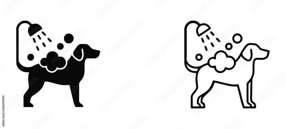 Obraz premium Dog Grooming and Bathing Icon Set in Different Styles. Dog Washing Shower Grooming Pet Care Vector Line Art Icon Set Isolated White. 
