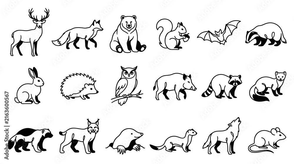 Fototapeta premium Black and White Line Art Wild Animals Set for Nature and Wildlife Education - Simple Outline Icons Collection