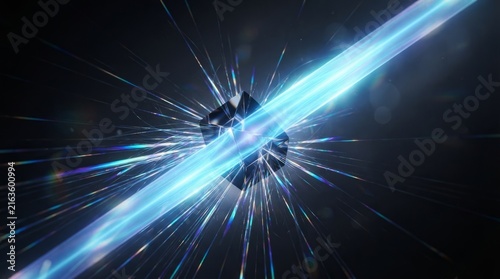 Abstract Glowing Blue Light Beam Exploding From Dark Geometric Sphere In Deep Space Background