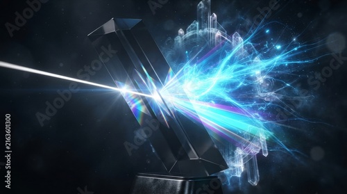 Abstract Prism Refracting A Bright White Laser Beam Into Vibrant Glowing Blue Light Waves In Dark
