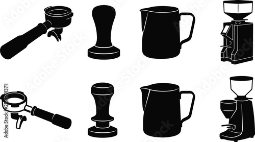 Foto Set of barista tools and coffee making equipment black vector icons featuring po