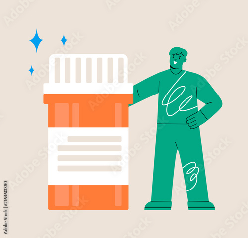 Man stands near the bottle with pills. Colorful vector illustration