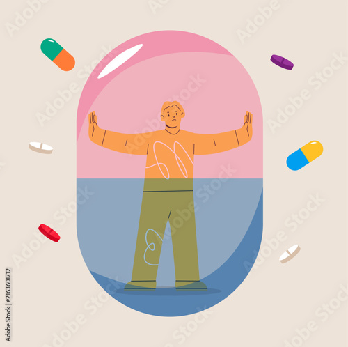 Woman trapped inside a drug capsule. Health problem concept. Colorful vector illustration