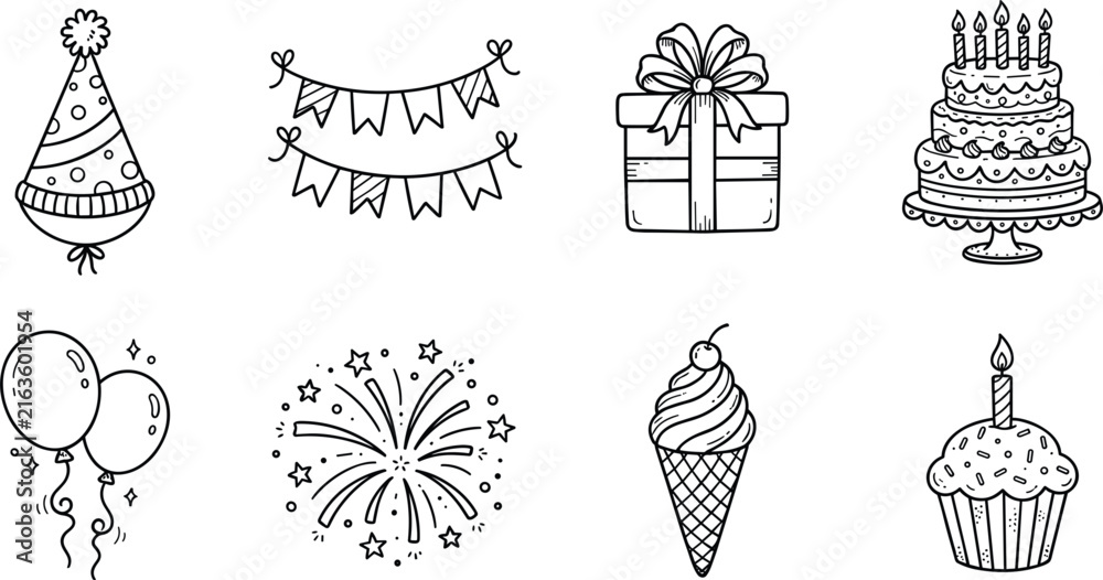 Fototapeta premium Birthday party hand drawn outline icon set featuring cake balloons fireworks gift box bunting banners and sweet desserts vector illustration