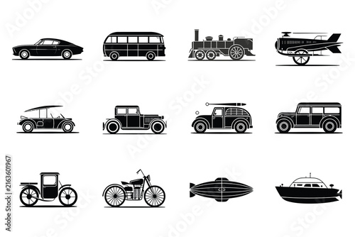 Vintage Transportation Vehicles Silhouette Icon Set Vector Illustration Art