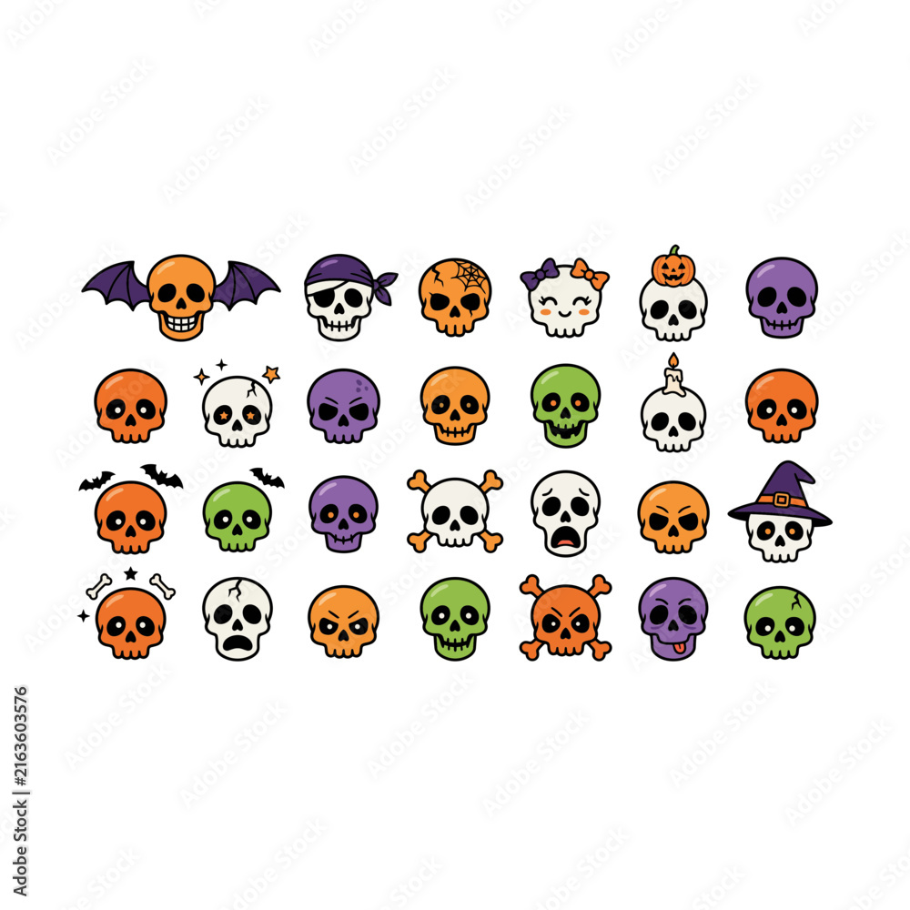 Obraz premium Set of cute pixel art halloween skulls and bones icons collection with halloween