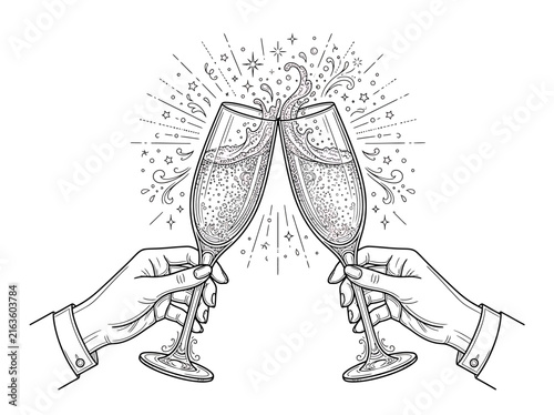 Line art illustration of two hands holding champagne flutes toasting for a celebration.