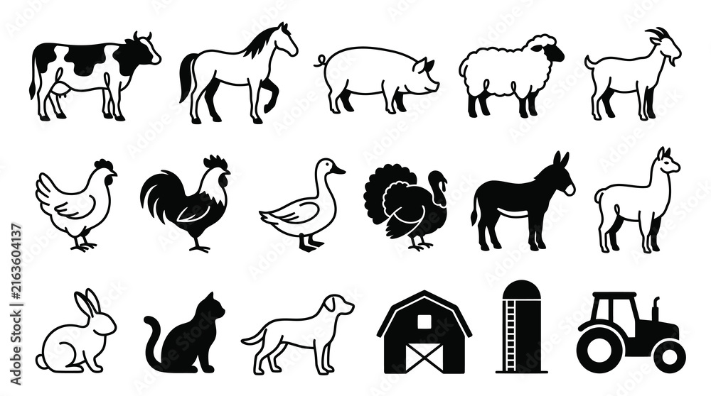 Naklejka premium Black and White Line Art Farm Animals and Buildings Icon Set Vector