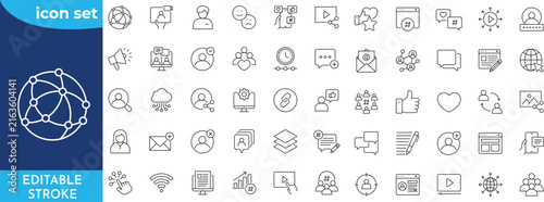Social Media icon set. Editable stroke. Containing social network, connection, networking, friends, comment, profile, like, share, and more. Outline Icon Collection.