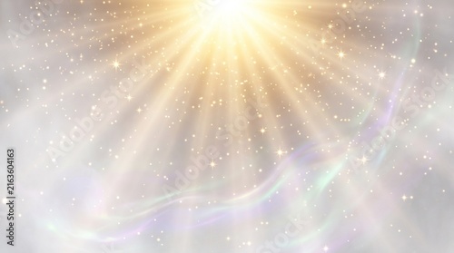 Golden sunlight bursting through a celestial expanse, illuminating ethereal clouds and sparkling particles. The scene evokes a sense of divine presence and heavenly beauty