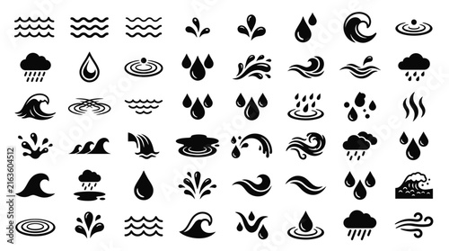 Comprehensive collection of 48 black silhouette water icons featuring rain clouds, ocean waves, droplets, ripples, splashes, and fluid stream symbols on a clean white background.
