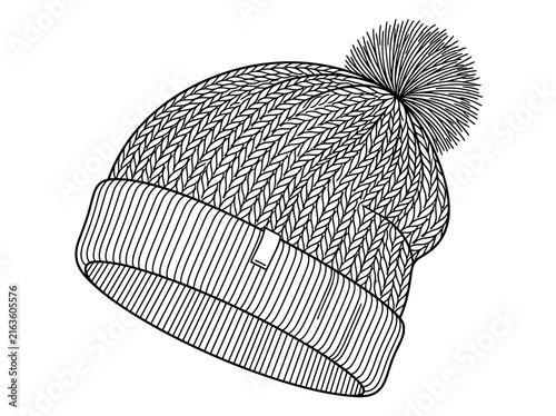 Black and white line art illustration of a knitted winter beanie hat with a pompom.