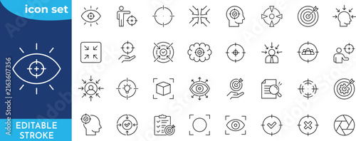 Focus icon set. Editable stroke. Contains icons related to focus, concentration, and more. Outline Icon Collection.