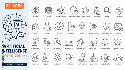Картината върху платно Comprehensive collection of modern line icons representing artificial intelligen