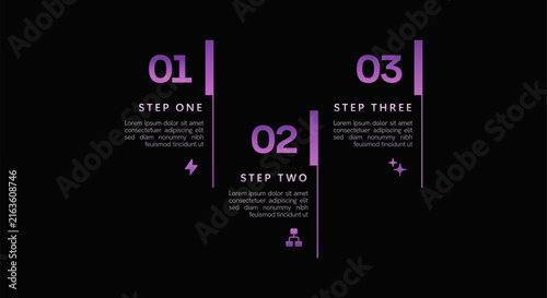3 step infographic template featuring pink neon glow, dark futuristic style, clean process diagram, business workflow, technology presentation, modern data visualization