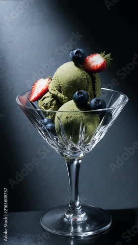 Matcha ice cream in a crystal dessert glass topped with fresh blueberries and sliced strawberries.