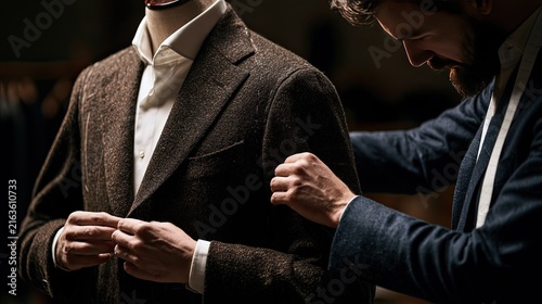 Tailor meticulously fitting a textured brown suit jacket on a mannequin