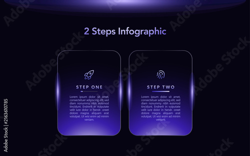Dark tech infographic with two step process, purple neon gradient glassmorphism style for AI, business, fintech, workflow, data analytics, technology and digital presentation projects.