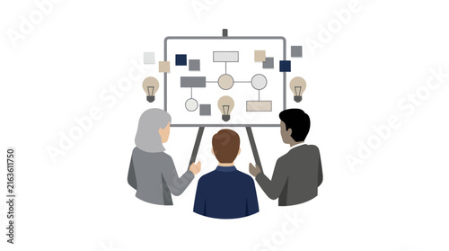 Diverse business team collaborating on project planning whiteboard