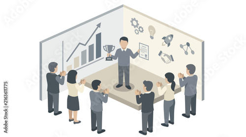 Business Professional Celebrating Success with Team Receiving Trophy and Certificate