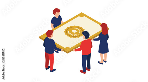 Isometric team of four people carrying large gold award certificate