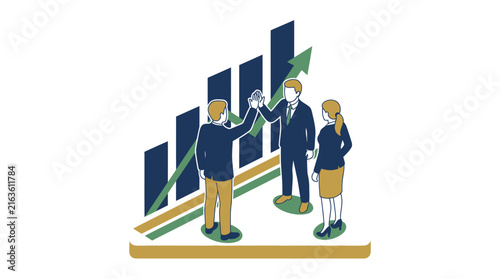 Successful Business Team Celebrating Growth with Isometric Graph Illustration
