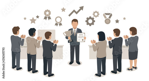 Businessman holding trophy and certificate while colleagues applaud his success