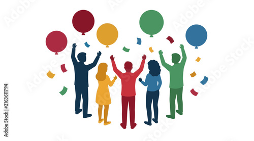 Colorful illustration of diverse people celebrating with balloons and confetti