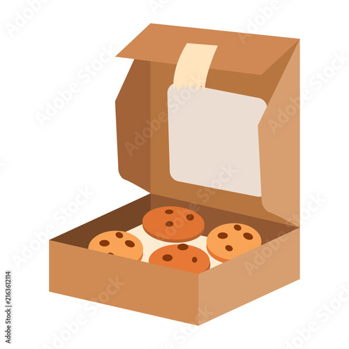 Open cardboard bakery box with delicious chocolate chip cookies flat vector illustration