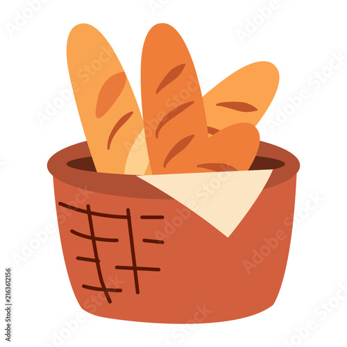 Woven wooden basket filled with fresh baked french baguettes and bread flat vector