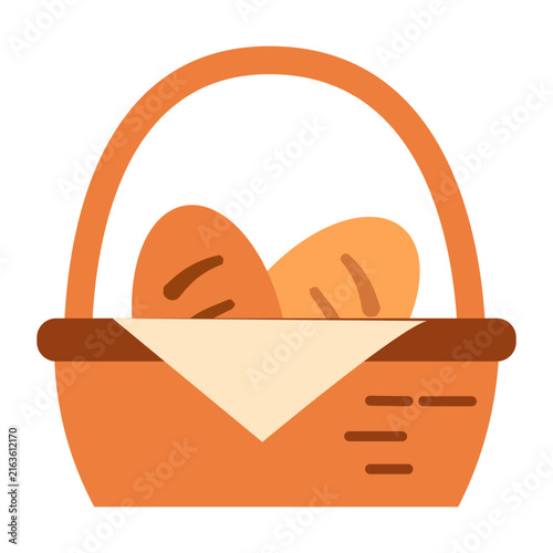Traditional wicker picnic basket with handle filled with baked bread rolls flat vector