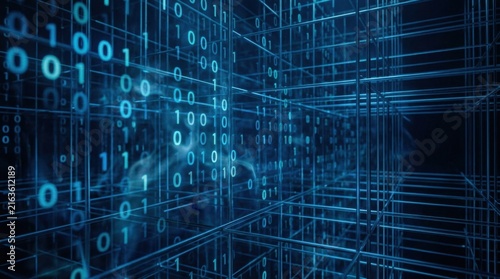 A visual representation of digital data as binary code flowing within a complex, futuristic wireframe grid structure, conveying themes of technology and information processing.