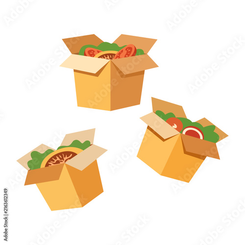 Set of open kraft takeout food boxes filled with delicious meals flat vector icon
