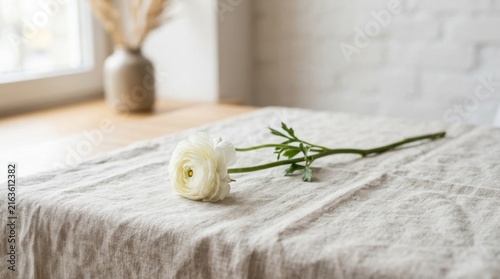 A single white ranunculus flower rests on a textured linen tablecloth. Soft natural light creates a calm and serene atmosphere, ideal for home decor or wellness concepts.