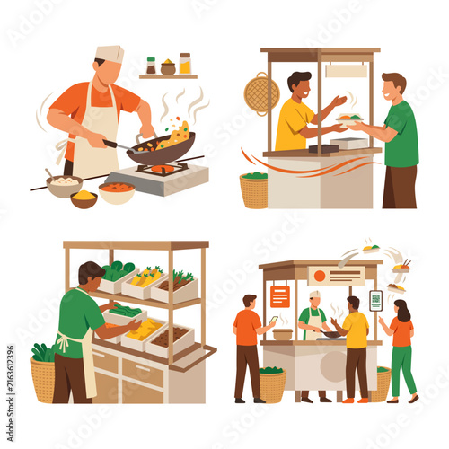 Collection of street food vendors cooking on wok carts and serving customers flat vector