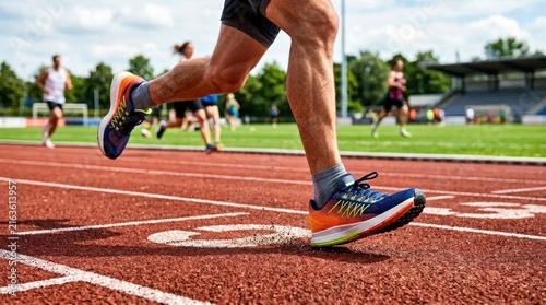 Runner's legs in motion on a red track, athletic shoes kicking up dust, competition and speed, outdoor stadium background