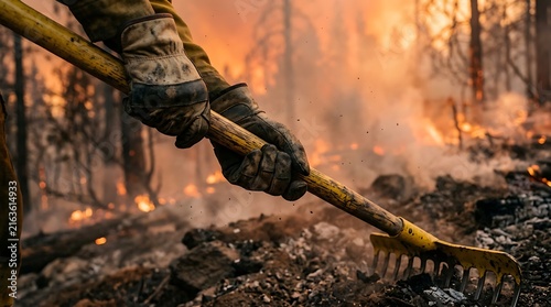 Firefighter uses a rake tool to clear debris during a wildfire event