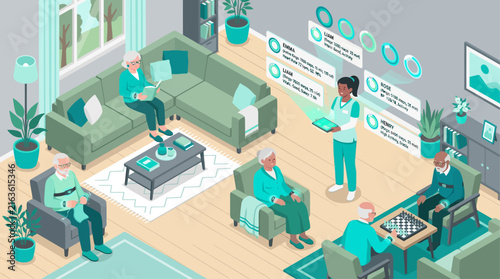 Isometric Smart Healthcare and Senior Care Monitoring System with Nurse Tracking Elderly Patients Vitals in Assisted Living Facility