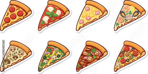 Colorful pizza slice sticker set with toppings and fast food vector illustrations for designs