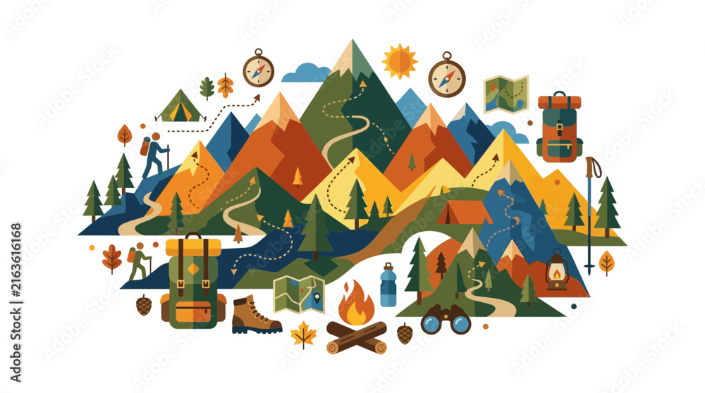 Naklejka premium Flat vector mountain hiking and camping adventure illustration